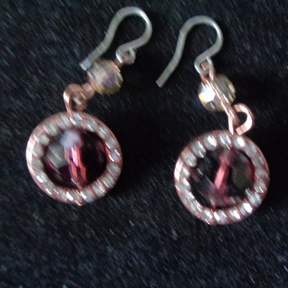 Georgous BROWN & Clear CRYSTAL set in Rose Goldtone DANGLE French Wire EARRINGS - Picture 3 of 4